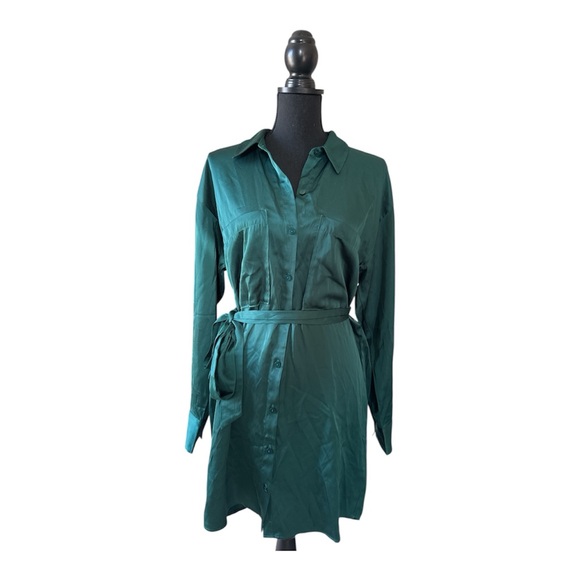 Abercrombie & Fitch Dresses & Skirts - Abercrombie & Fitch Teal Satin Shirt Dress Tie Waist Size M